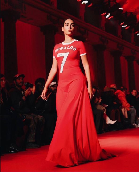 Georgina Rodriguez paid tribute to her footballer boyfriend Cristiano Ronaldo as she walked in the Vetements Womenswear Fall/Winter 2024-2025 show during Paris Fashion Week on Friday